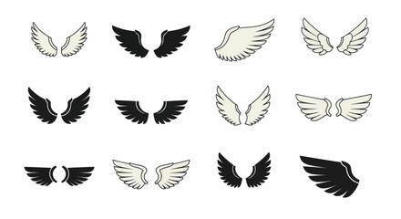 Fototapeta premium Collection of Angel Wings Icons, Black and White, Vector Graphics