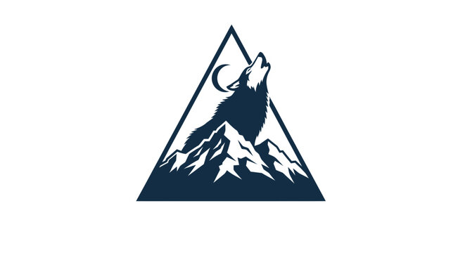 Wolf howling at moon on mountain peak inside triangle, wilderness logo