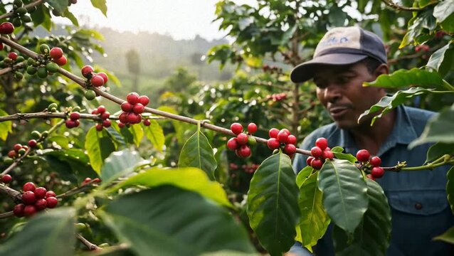 Hand gently selects ripe red coffee cherries. Farmer smiles softly in sunlit orchard.