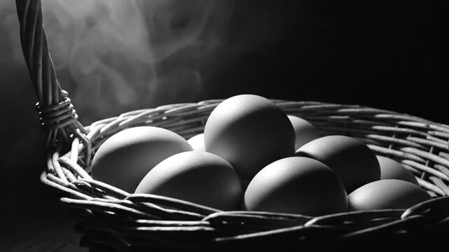 Black and White Close-Up of a Wicker Basket Filled with Fresh Eggs Evoking Calm Morning Moments
