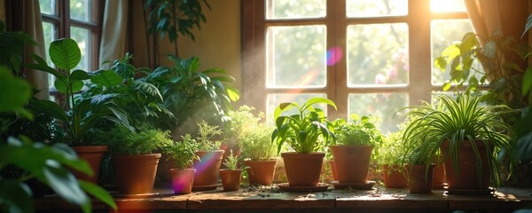 Fototapeta premium Green houseplants on rustic shelf get water misted. Sunlight streams through window creating rainbow flares in bright indoor garden sanctuary.