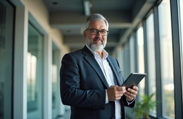 Fototapeta premium Elderly man in suit uses digital tablet computer. Senior executive with glasses works on tech device in modern office. Confident businessman poses for corporate photo shoot.