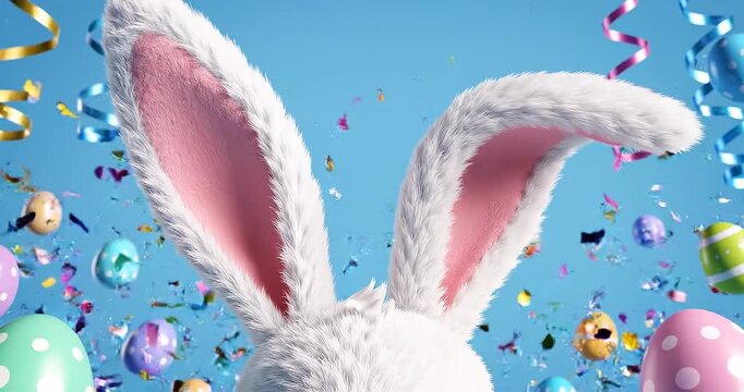 White rabbit ear on pastel blue background. Easter day. 3d rendering