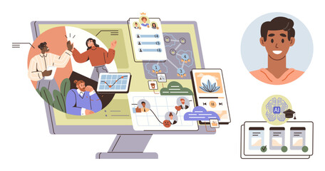 Fototapeta premium Online learning, digital collaboration, remote education, e-learning platforms, virtual communication, technology integration. Visuals show online interactions and digital tools. Online learning