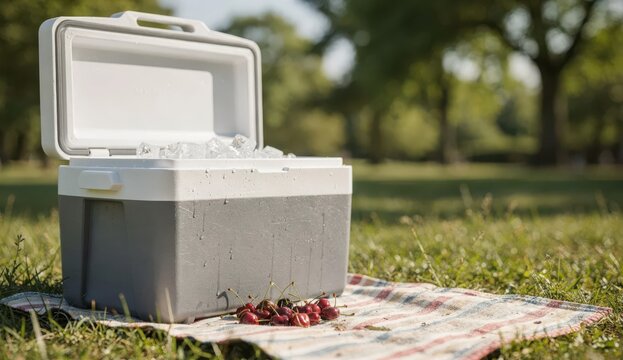 Open portable cooler with ice on a picnic blanket in a sunny park, outdoor food storage and refreshment scene with summer leisure, copy space, casual relaxation, and weekend lifestyle.