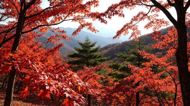 Scenic autumn landscape with vibrant red maple trees and evergreen amidst rolling mountains under a bright sky