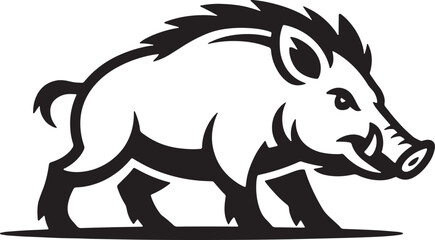 Fototapeta premium Stylized black and white wild boar charging forward with tusks and bristly mane animal