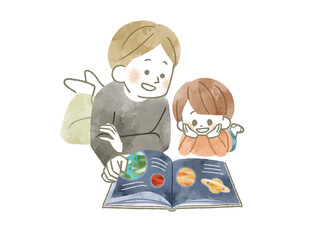 Fototapeta premium 本を読んでいる親子-水彩