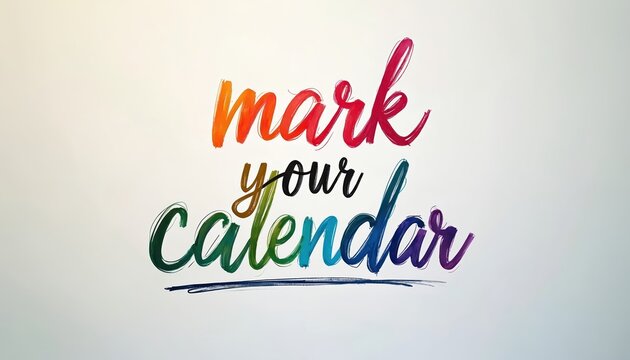 Colorful text art says mark your calendar with rainbow gradient ink on white background. Message for event planning, appointments, important dates, reminders.