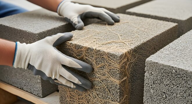 Worker inspecting eco-friendly concrete blocks reinforced with natural fibers. Concept of sustainable construction, material innovation, green building, and modern environmental engineering.