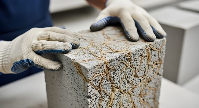 Worker inspecting eco-friendly concrete blocks reinforced with natural fibers. Concept of sustainable construction, material innovation, green building, and modern environmental engineering.