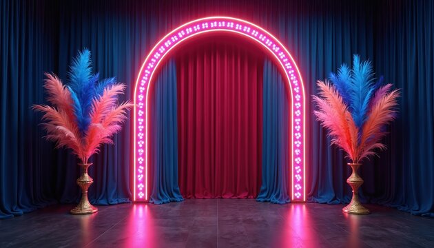 Retro neon archway with velvet curtains and colorful feather decor. Stage ready for performance or event. Glowing lights create vibrant, dramatic ambiance for shows.