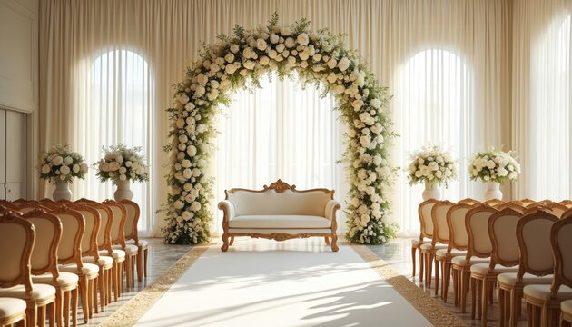 Wedding ceremony setup indoors. Floral arch with white roses. Rows of ornate chairs await guests for reception. Elegant sofa rests on carpet.