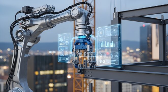 Robotic arm assembling building structure with AI precision system. Concept of automation, smart construction, advanced engineering, technological innovation, and future industrial development.