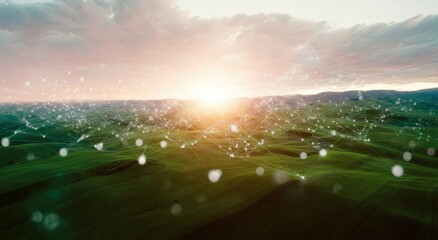 Naklejka premium Digital network connection landscape sunrise green field nature technology communication abstract background