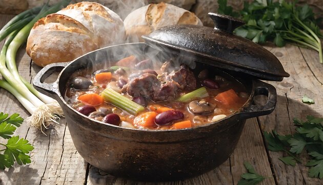 Hearty beef stew simmering in a cast iron Dutch oven