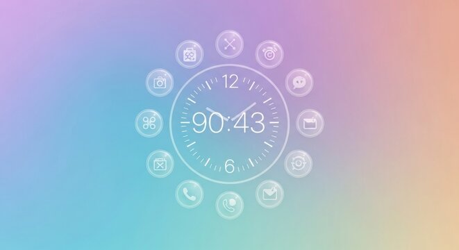 Abstract clock interface design with app icons on a soft gradient background