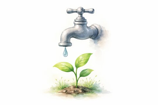 Watercolor illustration of metal tap with falling drop watering small green plant in soil. Ecology concept of saving water and nature