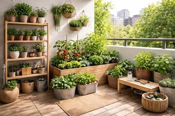 Obraz premium Vegetable garden on apartment balcony. Plants in pot and wooden shelf. Urban farming, vegetable growing and hobby concept. Home gardening and greenery with city view. Natural daylight, copy space