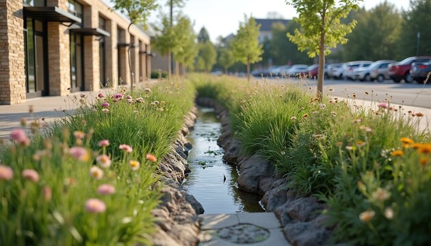 Drainage swale with green grass and flowers borders paved walkway and parking area. Water flows through rocky channel near modern building exterior.