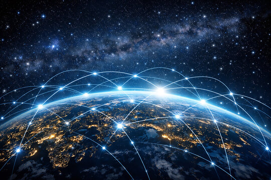 Digital network connections over illuminated earth surface with starry background. Ideal for global technology, communication, and internet concept visualizations