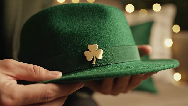 Close-up of a hand holding a green felt hat adorned with a gold shamrock pin, surrounded by soft, glowing lights and decorative pillows, creating a festive atmosphere for celebration