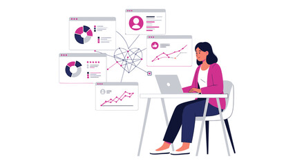 Fototapeta premium Vector illustration of woman analyzing data on laptop with pink and white charts