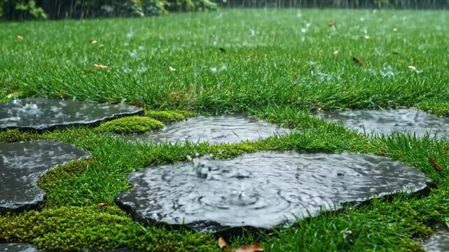 Rain falling on stone path with green moss and grass creating a relaxing peaceful nature scene