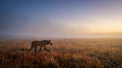 Naklejka premium Wolf walking through misty grassland at dawn with golden sunrise light creating atmospheric wilderness scene for nature and wildlife photography projects.