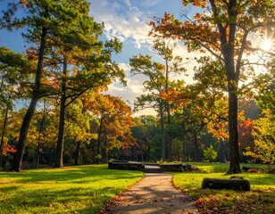 Autumnal Forest Path - A Serene Landscape of Colorful Trees.