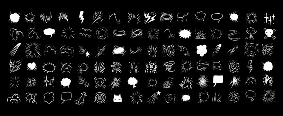 Fototapeta na wymiar Comic effect manga elements set with white line icons on black background. Glowing doodle bursts clouds, motion trails and speech bubbles for dramatic night scenes, neon posters and animation overlays