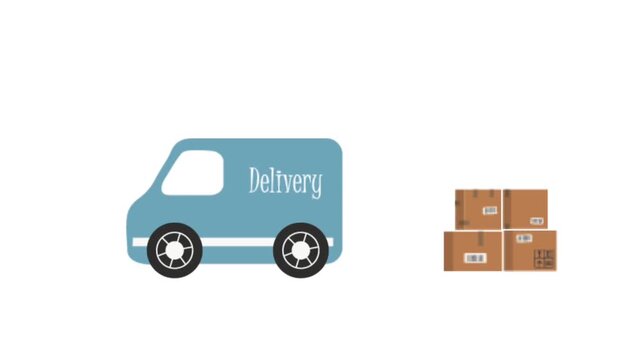 Delivery Van Animation. Delivery Van Drives down and Delivers Packs for Delivery. Blue Van, Brown Cardboard Boxes. Video in Blue, Brown on White