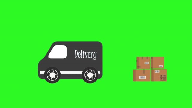 Delivery Van Animation. Delivery Van Drives and Collects Packs for Delivery. Black Van, Brown Cardboard Boxes. Video in Black, White on Green Screen 