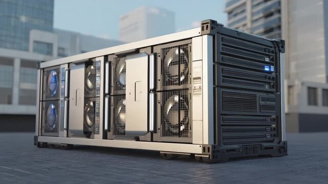 Cooling fans operate visibly while camera slowly reveals full container unit and surrounding infrastructure 
