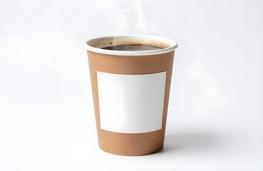 Hot black coffee in a disposable paper cup with blank label on isolated background