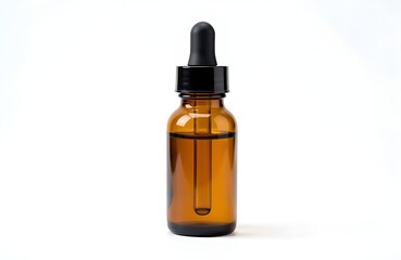 Fototapeta premium Amber glass dropper bottle with liquid on isolated background