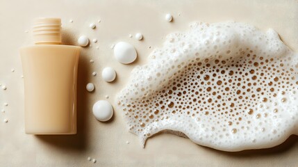 Obraz premium Creamy body wash bottle with rich foam bubbles and pearls on neutral background for skincare and beauty product advertising.