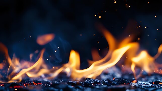 Dancing flames with glowing embers rise from charcoal creating dramatic fire patterns against dark blue background for cooking and heating concepts.