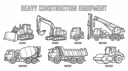 Fototapeta premium A labeled black‑and‑white illustration of seven industrial construction machines, showcasing heavy equipment types used in building and infrastructure projects.