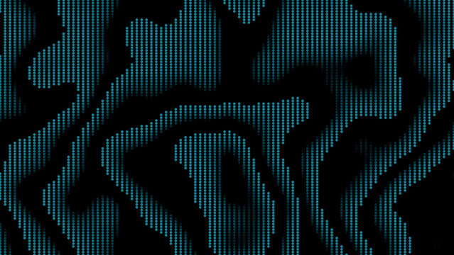 Blue halftone camouflage dot waves forming organic flowing pattern on black background texture
