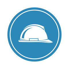 Fototapeta premium White hard hat icon on blue circle background, construction safety symbol