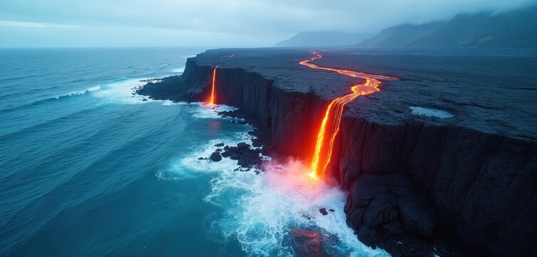 Fiery lava flows down dark cliff into blue ocean waves. Red hot magma stream cascades over rocks creating steam. Volcanic eruption meets sea, dramatic natural event on coast.