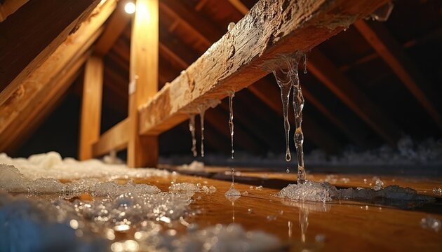 Water drips from wooden attic beam onto floor. Insulation visible nearby. Shows home damage due to moisture leak. Requires urgent repair and maintenance.