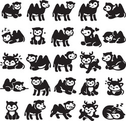 Naklejka premium Cute Camel Icon Set, 25 Cartoon Camel Silhouette Icons, Minimal Desert Animal Vector Collection.