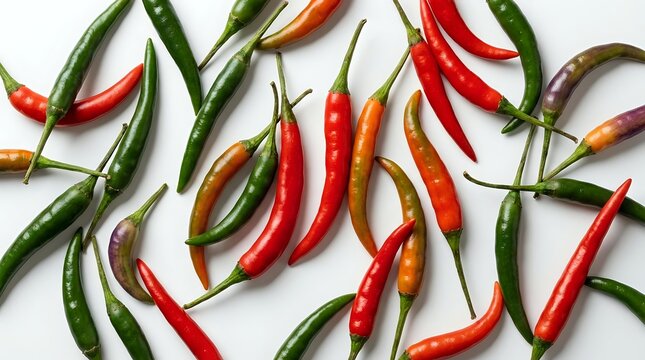 Colorful hot chili peppers scattered on white background. Fresh spicy vegetables in red, green and orange colors for cooking and culinary projects.