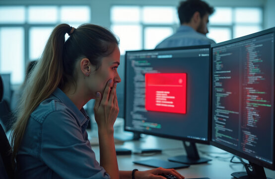 Woman programmer looks at computer screen with error alert. She covers mouth in shock reacting to critical software failure or cyber threat. Panic on face as code displays red warning message.