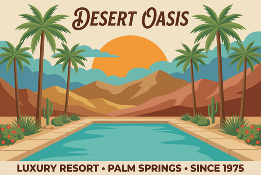 A striking illustration of a serene desert oasis highlighting a picturesque pool framed by palm trees and mountains, embodying relaxation and luxury since 1975.