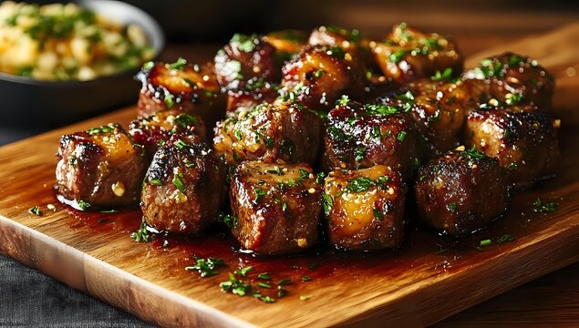 Glazed meatballs with herbs on wooden board, savory appetizer ready for dinner party or restaurant menu presentation.