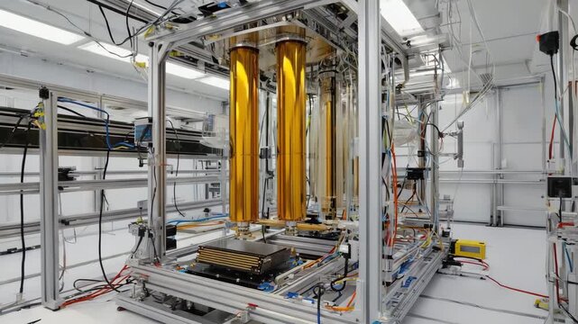 Cryogenic cooling system operates while quantum processor indicators show active computation in progress 