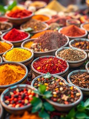 Fototapeta premium Vibrant spices overflow from charming bowls, a colorful feast for the senses, abundant and fresh, assortment, culinary